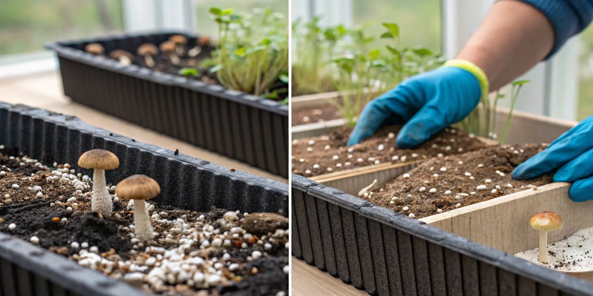 Gardener growing wine cap mushrooms from spawn in a garden bed.