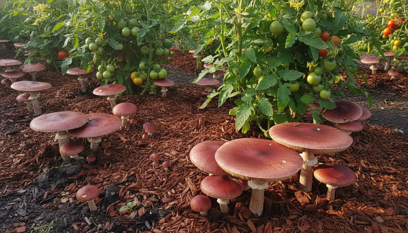 Burgundy wine cap mushrooms growing in garden mulch.
