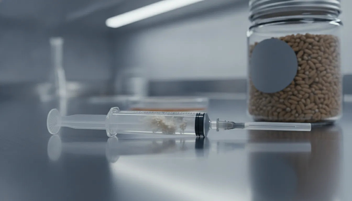 A sterile syringe filled with mushroom liquid culture resting on a laboratory table.