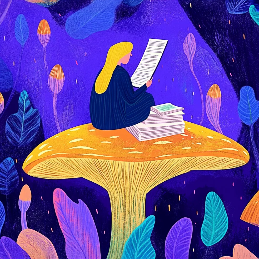 Person reading on a large mushroom surrounded by colorful plants and foliage.