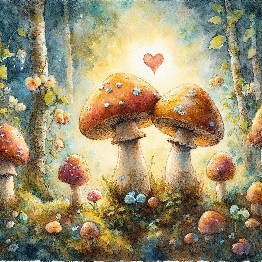 Two large mushrooms in a whimsical forest with a heart shape above.