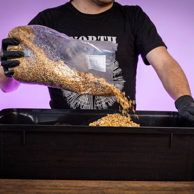 A person pours grain from a plastic bag into a black container, wearing black gloves and a black t-shirt against a purple background.