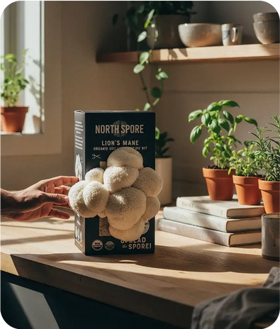 A Lion’s Mane mushroom grows from a North Spore kit on a sunlit wooden table, surrounded by potted plants, books, and natural light from a nearby window.