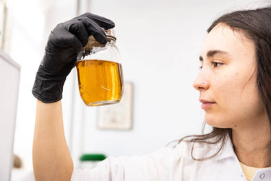 A person wearing a black glove and white coat examines a glass jar filled with yellow liquid, holding it up at eye level in a bright room.