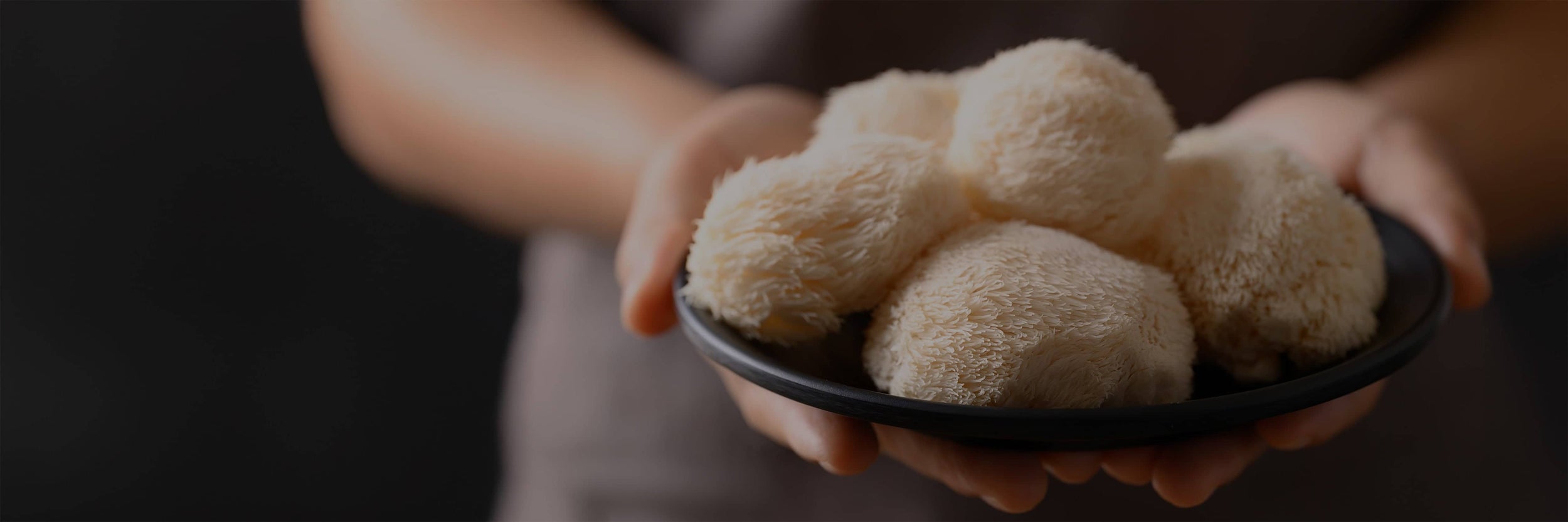 A person holding a black plate filled with several fluffy, white lions mane mushrooms, with a dark blurred background.
