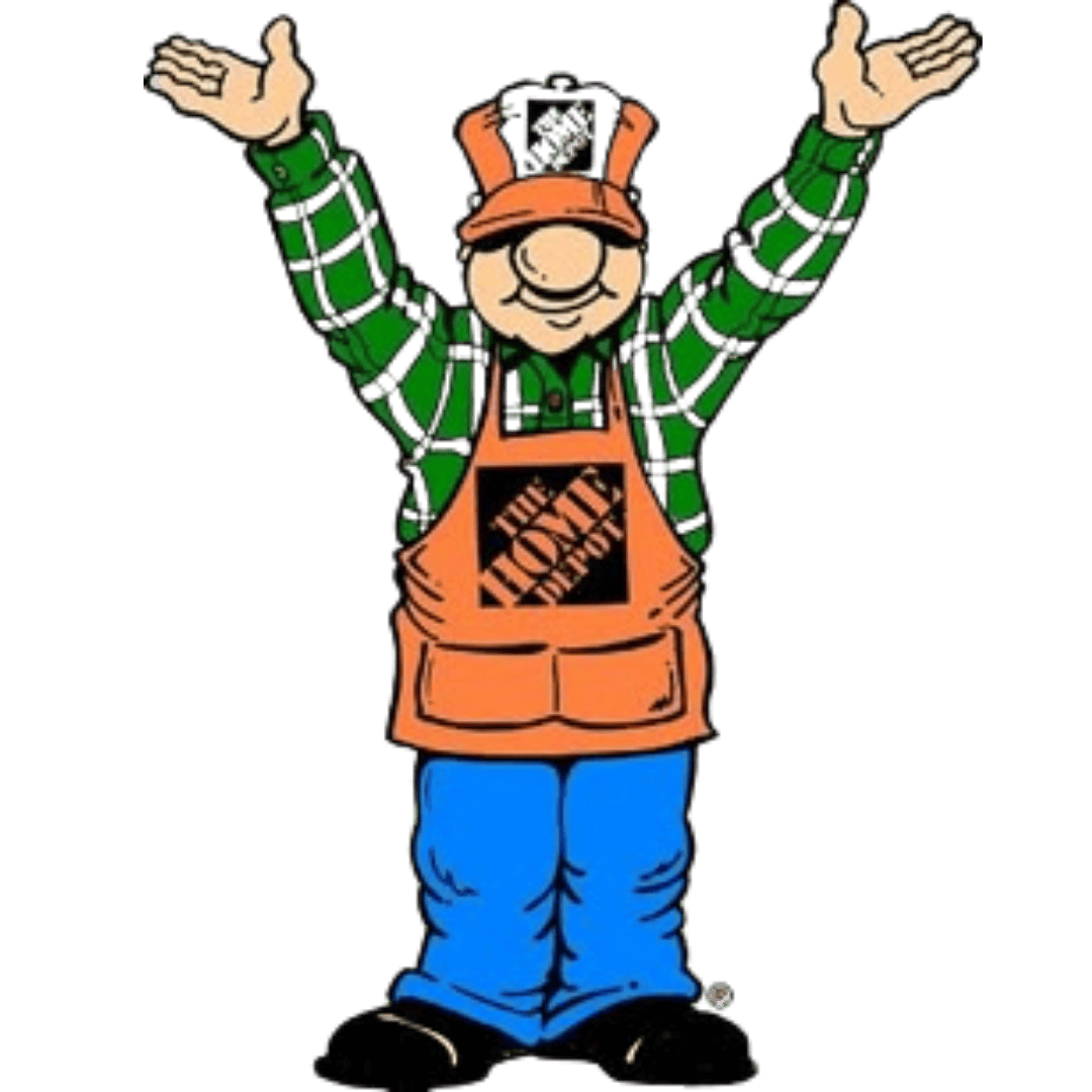Cartoon character wearing a green plaid shirt, blue jeans, orange apron with The Home Depot logo, and an orange cap, smiling with arms raised.