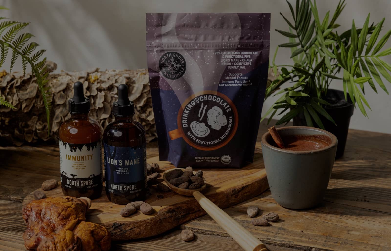 Two bottles labeled Immunity and Lions Mane, a bag of drinking chocolate, a cup of hot chocolate, cocoa beans, fresh mushrooms, and green plants are arranged on a rustic wooden table.