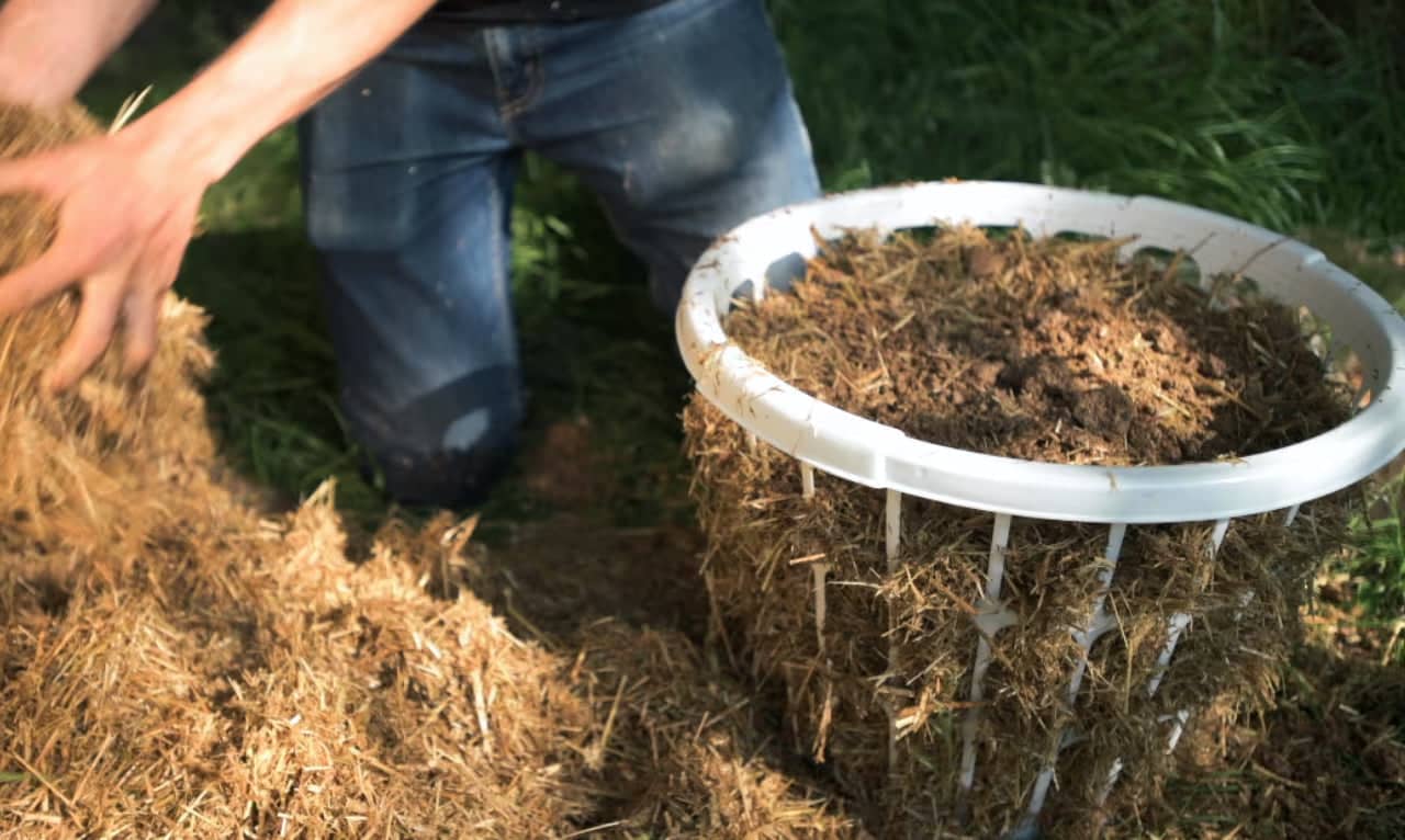 A person fills a white basket with hay and soil outdoors on green grass, wearing blue jeans and a black shirt.