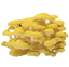 A cluster of bright yellow mushrooms with smooth, flat caps and short stems, arranged closely together against a white background.