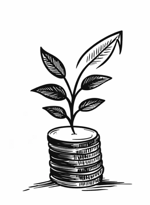 A drawing of a plant with several leaves growing out of a stack of coins, symbolizing financial growth or investment.