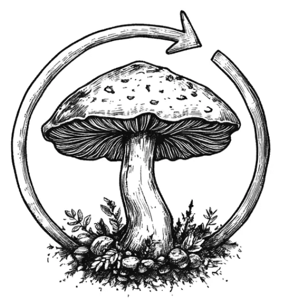 A detailed black and white drawing of a mushroom surrounded by plants and soil, with a circular arrow looping around it from right to left.
