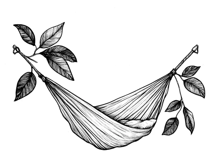 Black and white drawing of a hammock hanging between two leafy branches, with detailed shading on the fabric and leaves.