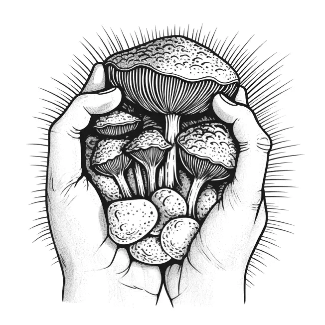 Two hands gently holding a cluster of mushrooms, illustrated in black and white with detailed linework and shading.