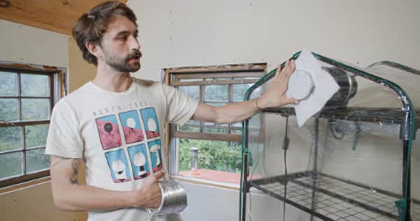 A man attaches a vent to a small indoor greenhouse, holding ducting, in a room with light-colored walls and two windows.