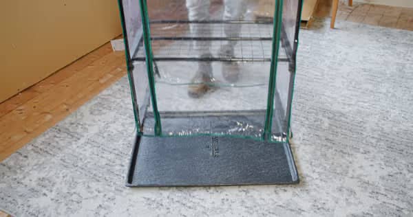 A clear plastic greenhouse with metal shelves stands on a black tray, placed on a gray and white rug over a wooden floor.