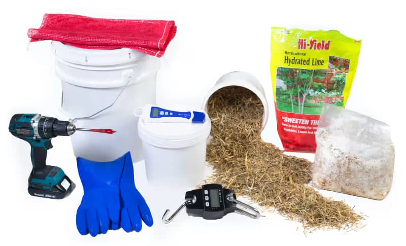 A collection of mushroom cultivation supplies, including buckets, a power drill, blue gloves, a thermometer, straw, hydrated lime, scales, and a bag of substrate.