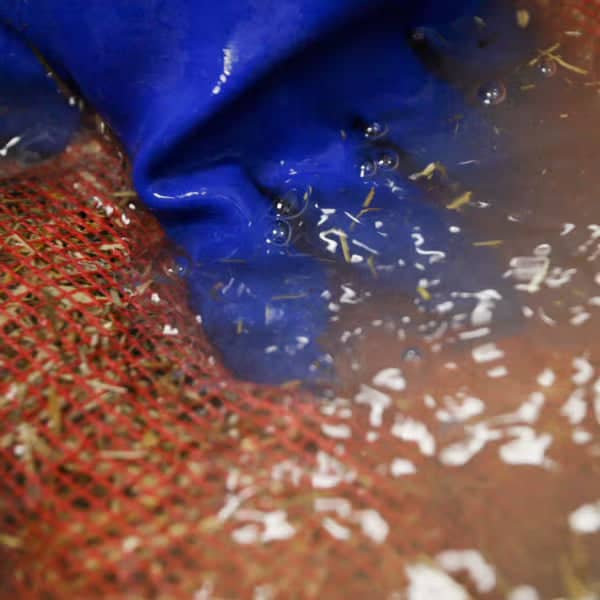 A close-up of a blue fabric submerged in water with small floating particles and bubbles, next to a red textured surface.