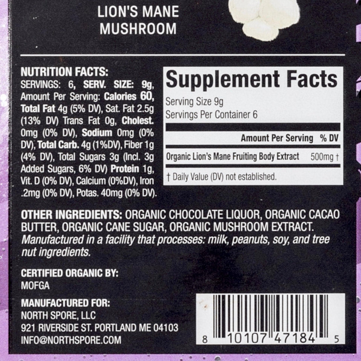 Wellness Supplements Functional Lion's Mane Mushroom 70% Dark Chocolate Bar