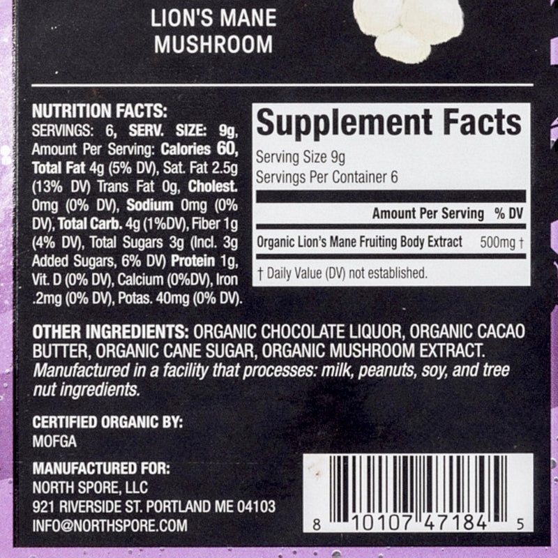 Wellness Supplements Functional Lion's Mane Mushroom 70% Dark Chocolate Bar