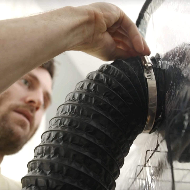 Clamping flexible ducting to BoomRoom mushroom grow tent to vent spores
