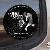 Image thumbnail: A black circle North Spore Spread the Spore sticker on the back windshield of a vehicle