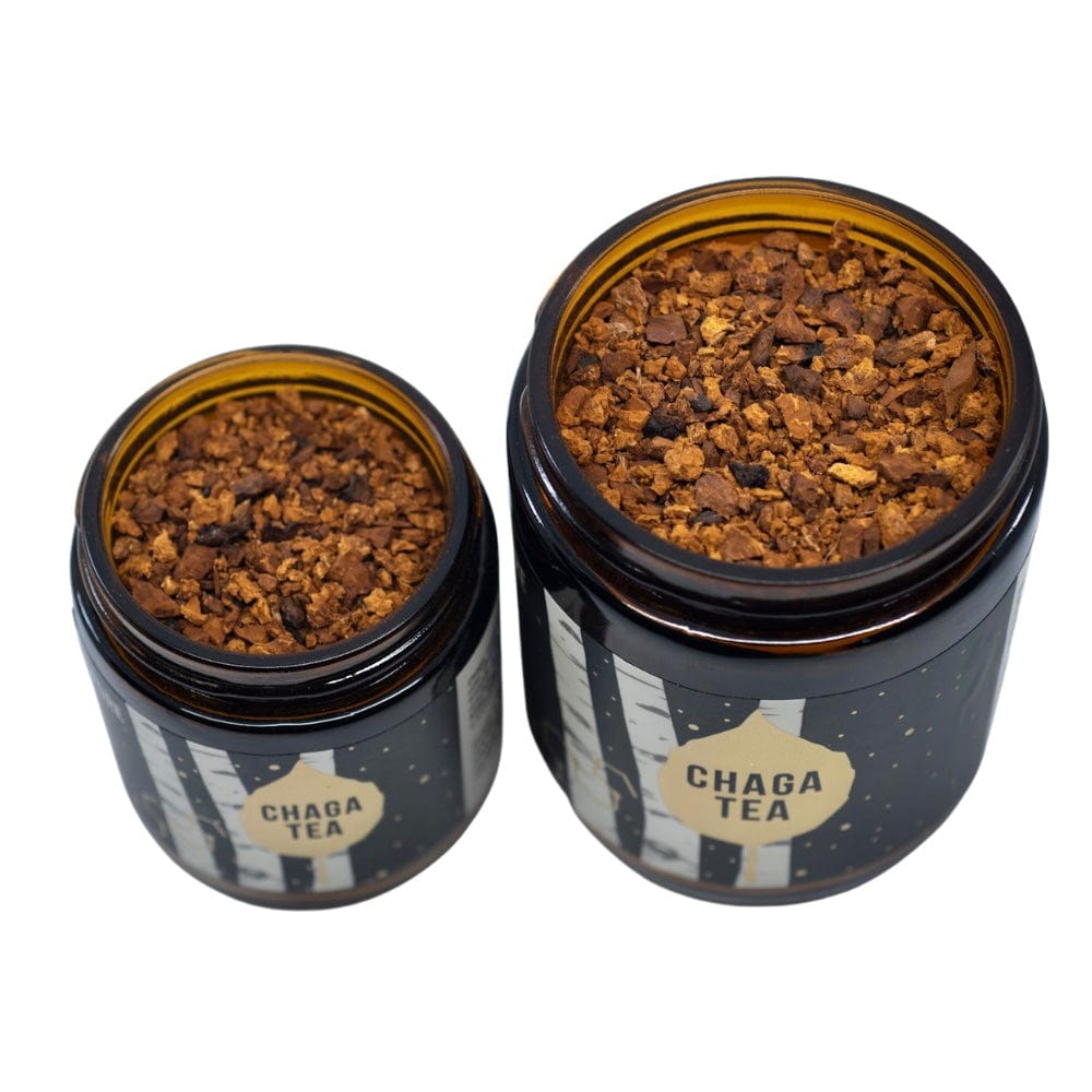 Ground chaga mushroom tea in jars